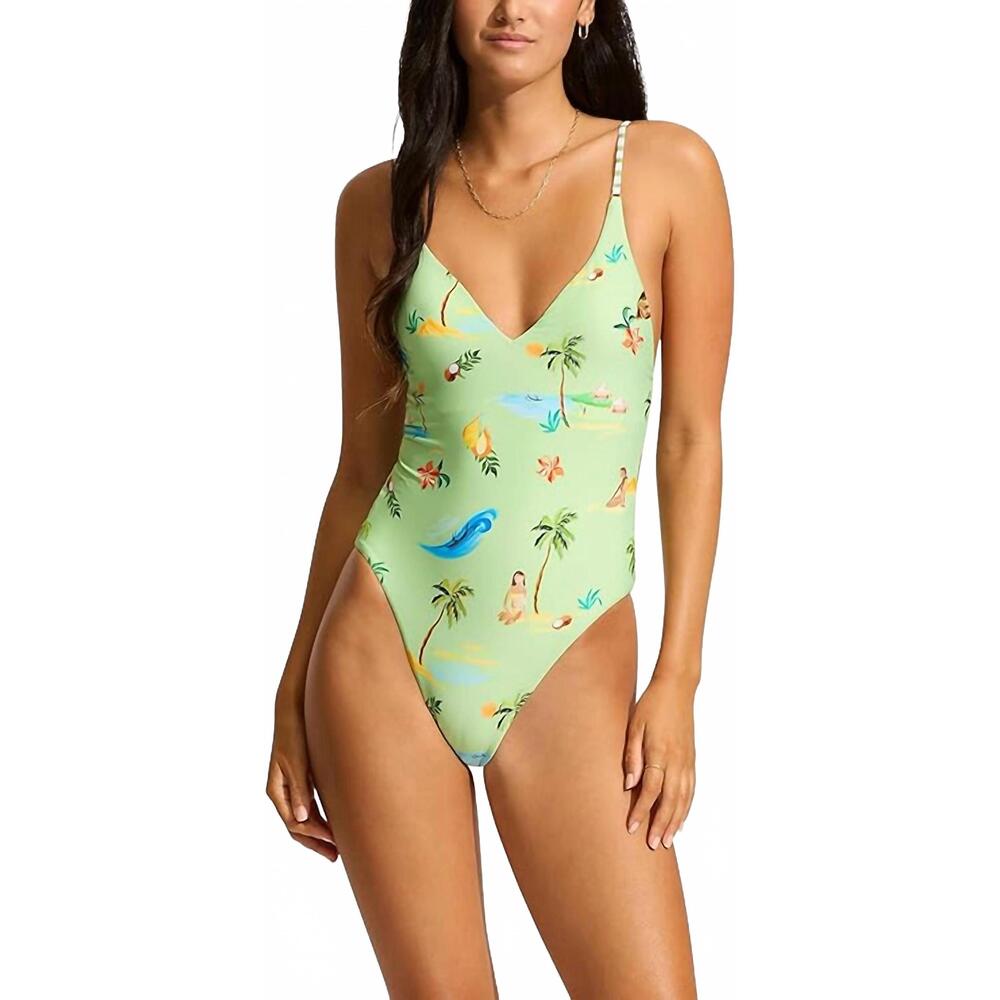 NEW SEAFOLLY isla palm v neck one piece in sage